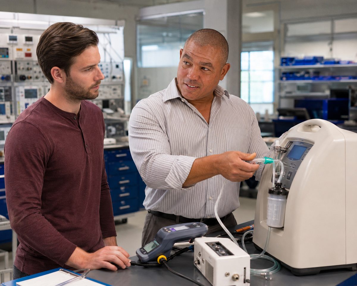 Devin demonstrates oxygen concentrator output testing — BiomedRx Institute Devin demonstrates oxygen concentrator output testing — BiomedRx Institute